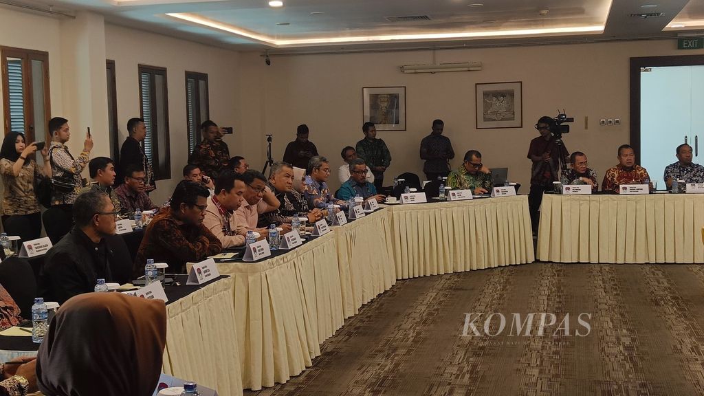 Suasana Forum Sekretaris Daerah Kota Seluruh Indonesia yang diselenggarakan Asosiasi Pemerintah Kota Seluruh Indonesia (Apeksi) di Hotel Borobudur, Jakarta, Selasa (31/10/2023).