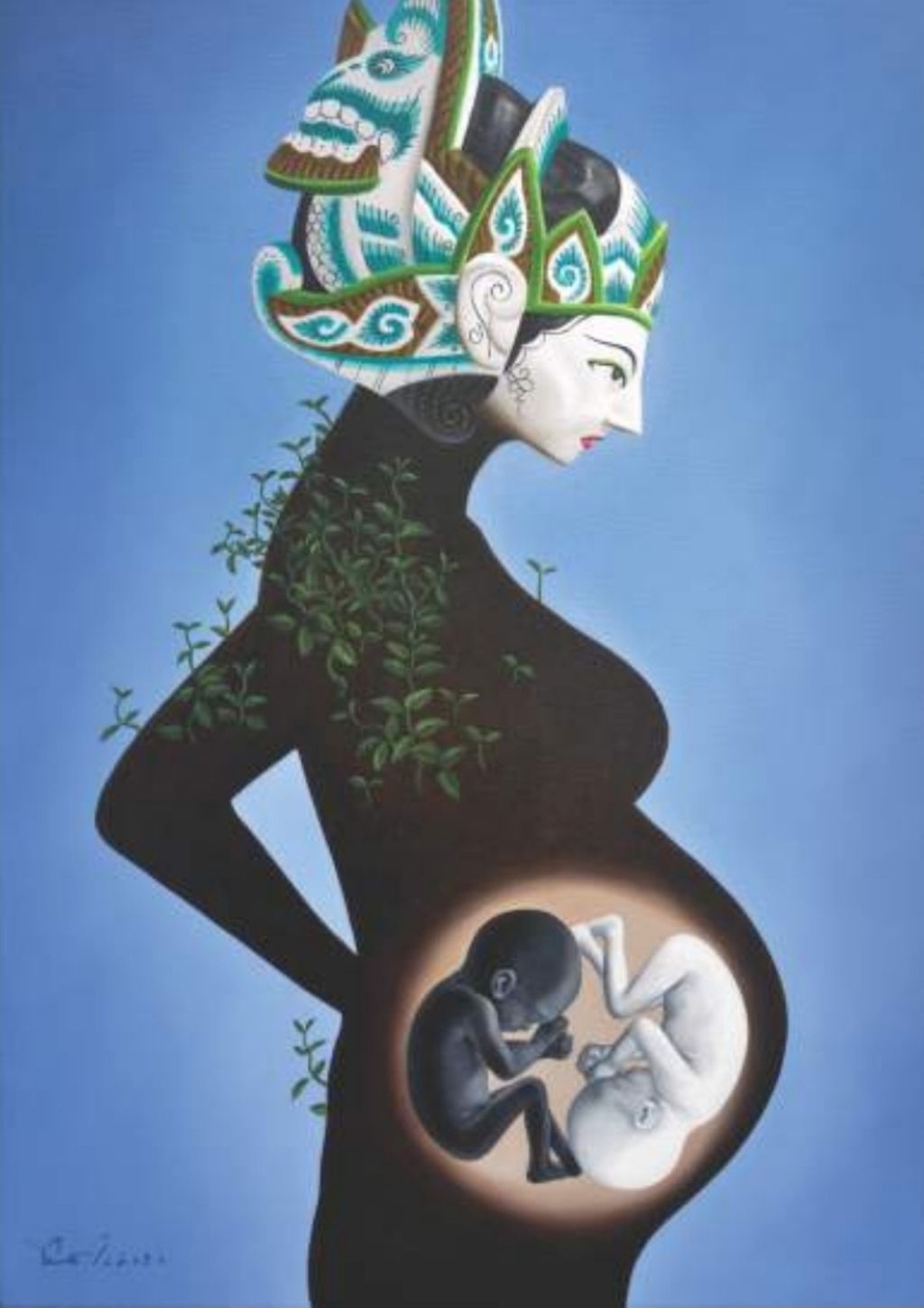 Lukisan karya Susilo Budi berjudul Kembar Yin Yang ini merupakan salah satu lukisan ilustrasi cerita bersambung Anak Bajang Mengayun Bulan karya Sindhunata