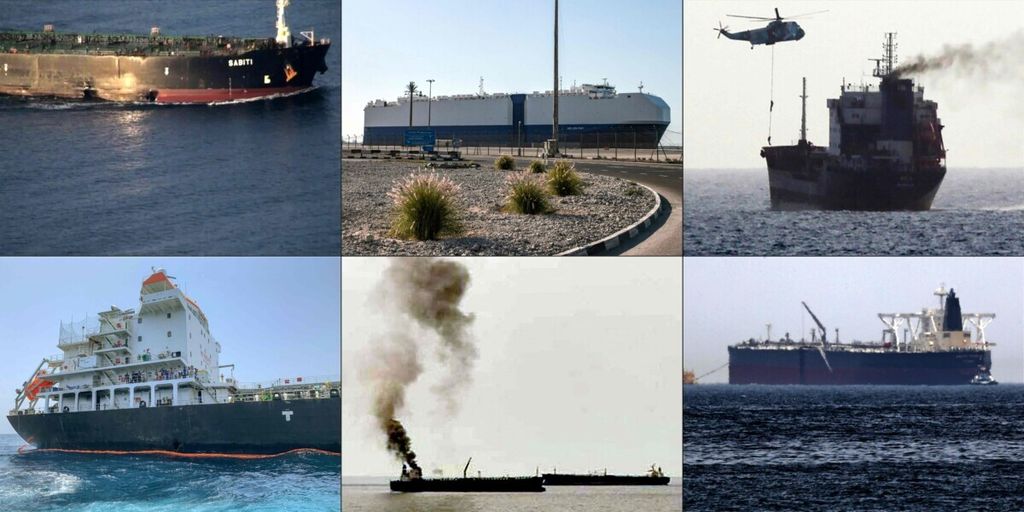 Gabungan foto yang dibuat pada 31 Juli 2021 ini memperlihatkan kerusakan pada tanker berbendera Iran, Sabili, tanggal 14 Oktober 2019 (kiri atas); kapal kargo berbendera Bahama milik Israel, MV Helios Ray, bersandar di Dubai, UEA, dalam foto tanggal 28 Februari 2021 (tengah atas); helikopter militer Iran dilaporkan mendarat di sebuah tanker di perairan internasional Teluk Oman dalam foto tanggal 13 Agustus 2020; kerusakan tanker Jepang, Kokuka Courageous, di Pelabuhan Fujairah, UEA, 19 Juni 2019 (bawah kiri); tanker minyak terbakar di lepas pantai Suriah, 9 Mei 2021 (bawah tengah); dan tanker Arab Saudi, Amjad, mengalami kerusakan akibar sabotase misterius di Pelabuhan Fujairah, UEA, 13 Mei 2019. 