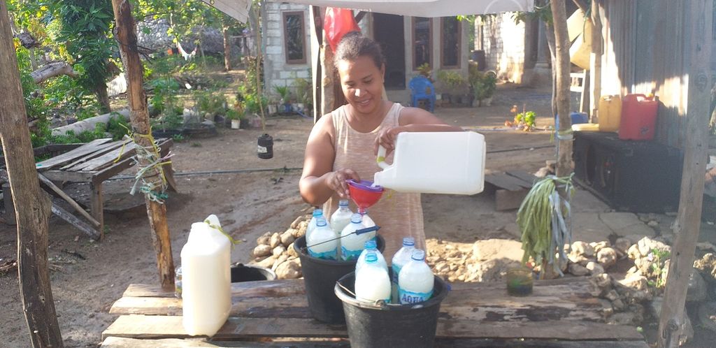 Ny Nurince Talok (46) sedang menuangkan "laru", atau tuak putih, minuman lokal hasil sadapan pohon lontar, di Kupang, Jumat (12/11/2021). 