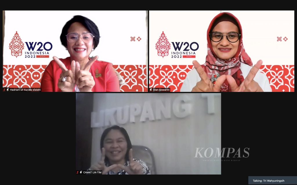 Chair Women-20 (W-20) Indonesia Hadriani Uli Silalahi (kiri atas), Co-Chair W-20 Indonesia Dian Siswarini (kanan atas), serta Camat Likupang Timur Delby Wahiu (bawah) pada konferensi pers daring, Kamis (10/2/2022).