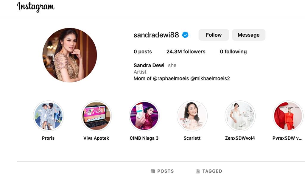 Tangkapan layar akun Instagram milik artis Sandra Dewi