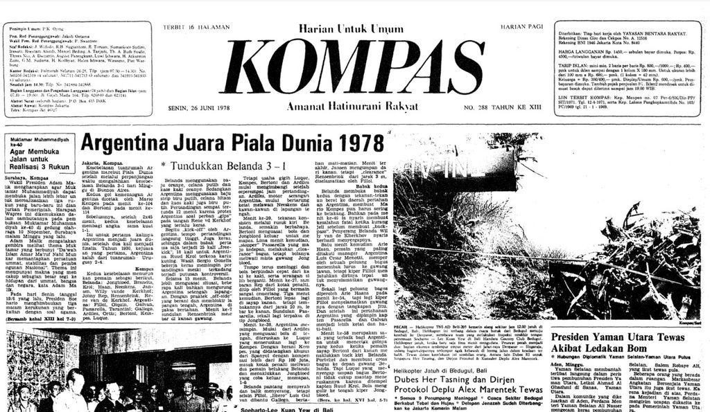 Tangkapan layar arsip berita utama harian <i>Kompas</i> di halaman 1 berjudul Argentina Juara Piala Dunia 1978. Berita dimuat pada Senin 26 Juni 1978.
