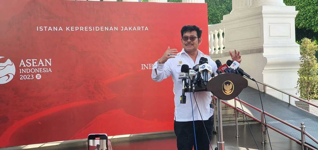 Menteri Pertanian Syahrul Yasin Limpo memberikan keterangan seusai rapat terbatas yang dipimpin Presiden Jokowi di Istana Merdeka, Jakarta, Kamis (27/4/2023).