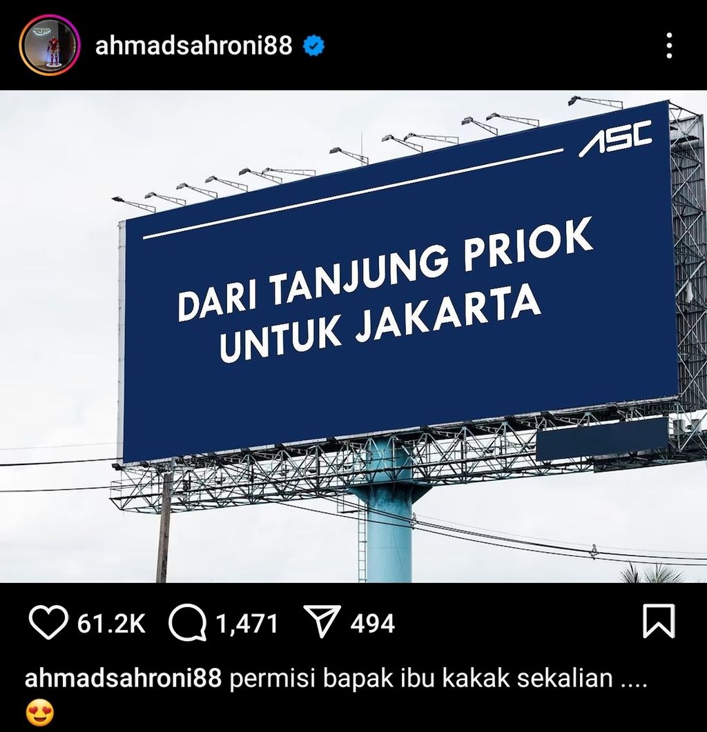 Tangkapan layar baliho Wakil Ketua Komisi III DPR Ahmad Sahroni di Jakarta dari laman Instagram @ahmadsahroni88.