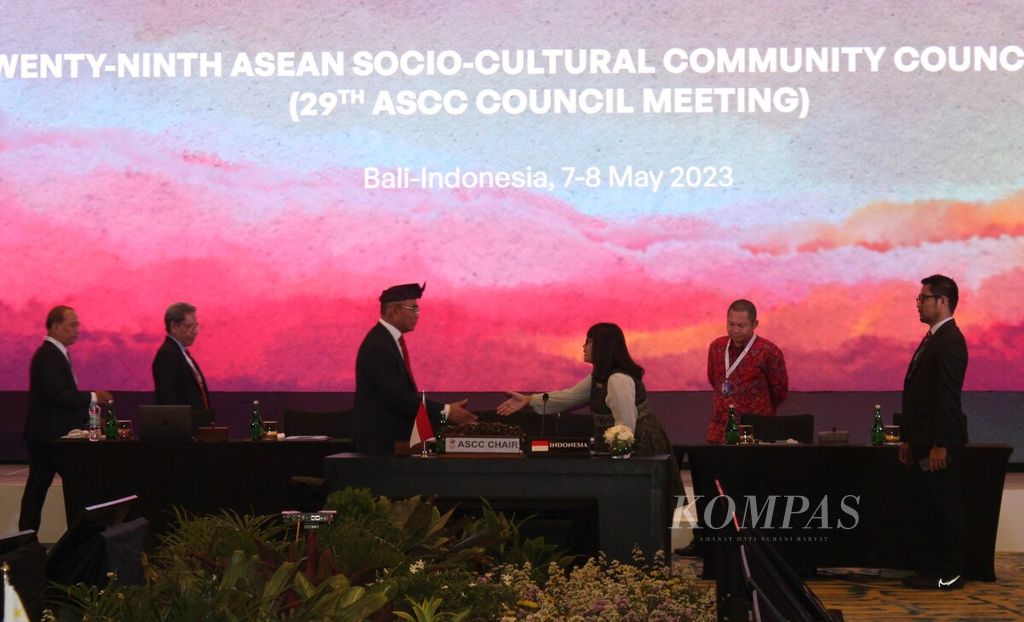 Suasana sebelum Sidang ASEAN Socio Cultural Community (ASCC) di Nusa Dua, Bali, digelar tertutup bagi awak media, Senin (8/5/2023).