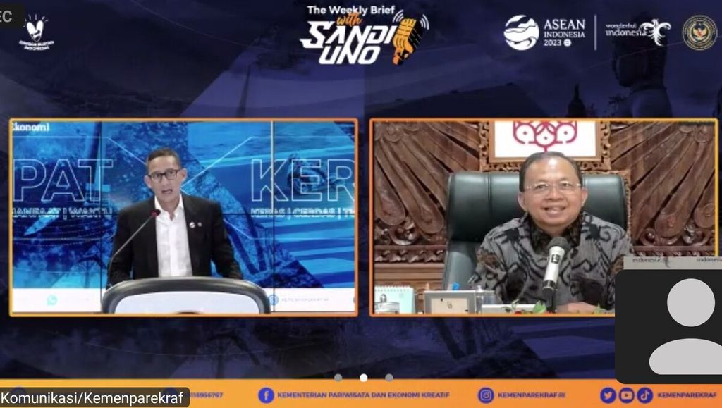 Tangkapan layar dari acara "The Weekly Brief With Sandi Uno" yang dihadiri Gubernur Bali Wayan Koster secara daring, Senin (4/9/2023). 