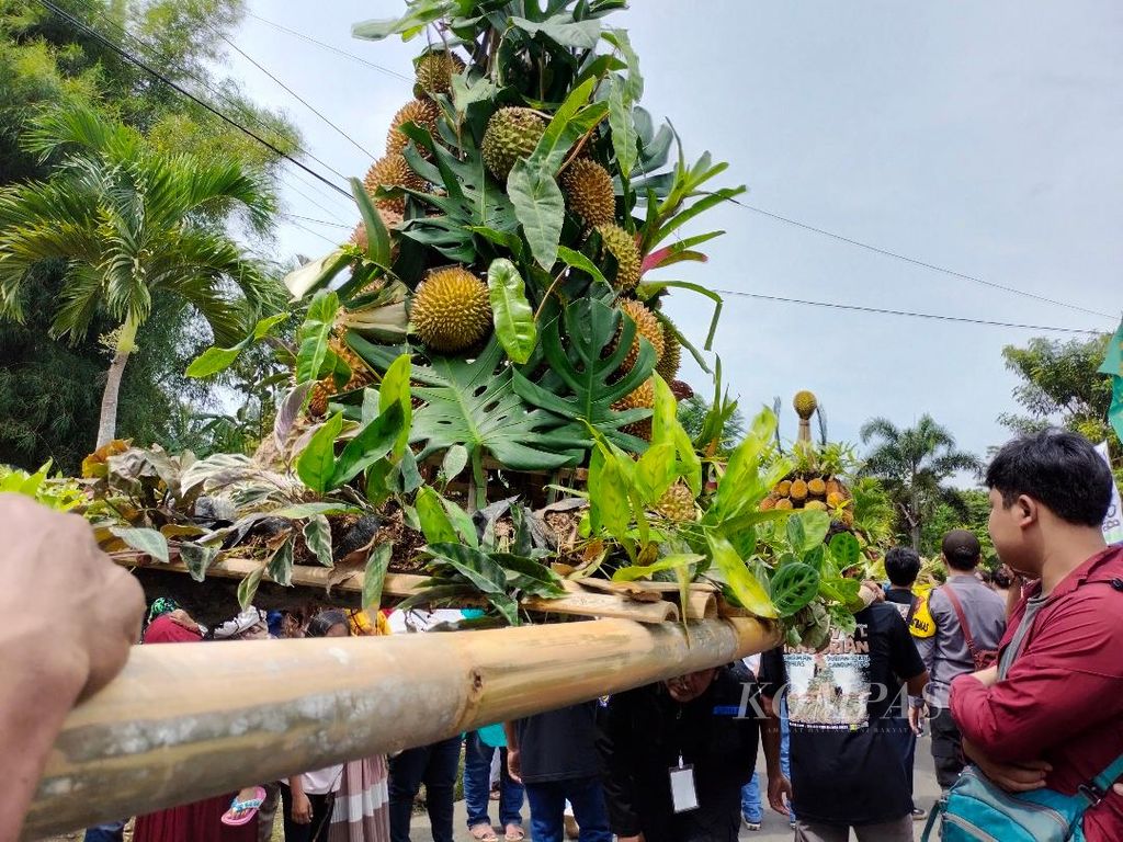 Gunungan yang terdiri dari susunan durian dan tanaman hias diarak dalam acara kirab di Dusun Bojong, Desa Giyanti, Kecamatan Candimulyo, Kabupaten Magelang, Jawa Tengah, Minggu (26/2/2023).
