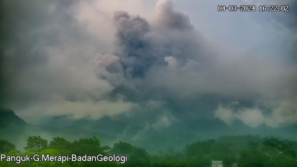 Awan panas guguran dimuntahkan Gunung Merapi pada Senin (4/3/2024) sore.