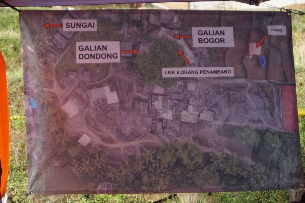 Denah penambangan emas ilegal di Desa Pancurendang, Ajibarang, Banyumas, Jawa Tengah, Minggu (30/7/2023).