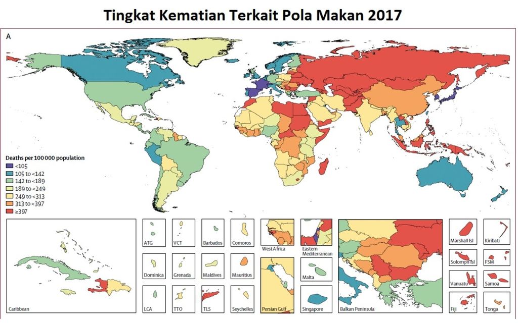 Tingkat kematian per 100.000 penduduk terkait pola makan atau diet pada 2017. Indonesia termasuk negara dengan tingkat kematian tinggi akibat buruknya pola makan, seperti terlalu banyak garam serta kurang sayur dan buah-buahan.