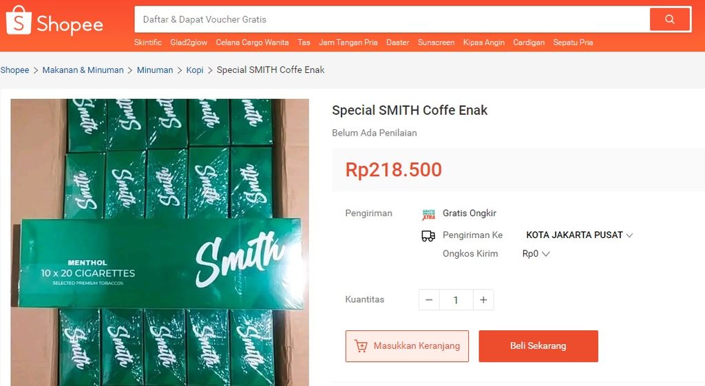 Di Shopee, <i>Kompas</i> menjumpai produk rokok ilegal Smith dengan nama produk minuman kopi. Foto produk yang ditampilkan bertuliskan <i>cigarettes.</i>