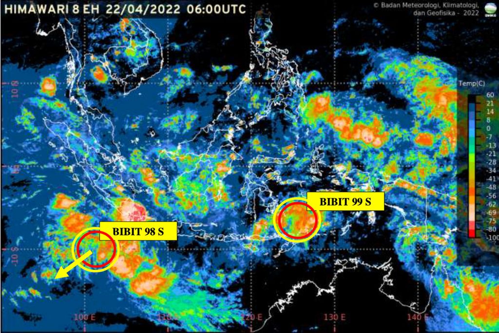 BMKG mendeteksi kemunculan dua bibit siklon di perairan Indonesia. Hal ini memicu meningkatnya hujan dengan intensitas sedang hingga lebat, angin kencang, dan gelombang tinggi di sejumlah wilayah Indonesia. Sumber: BMKG