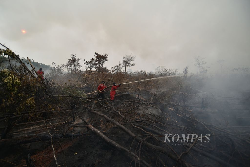 Anggota Manggala Agni Daops Sumatera 14 Banyuasin berusaha memadamkan kebakaran lahan gambut seluas 3,2 hektar di kawasan Desa Palem Raya, Kecamatan Indralaya Utara, Kabupaten Ogan Ilir, Sumatera Selatan, Rabu (25/10/2023). 