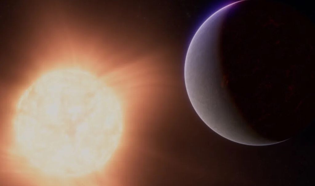 Rendering artis tentang planet ekstrasurya 55 Cancri e, yang dikenal sebagai Planet Neraka.  Planet berbatu ini memiliki atmosfer meski panas dan sangat dekat dengan bintang induknya.