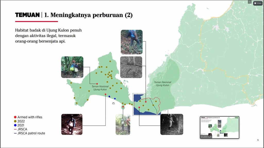 Hasil laporan dan investigasi Auriga Nusantara menunjukkan adanya aktivitas ilegal yang terekam di Taman Nasional Ujung Kulon.
