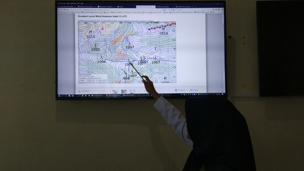 Prakirawan BMKG Stasiun Klimatologi Karangploso, Malang, Jawa Timur, tengah menjelaskan fenomena angin kencang, Rabu (23/1/2019).