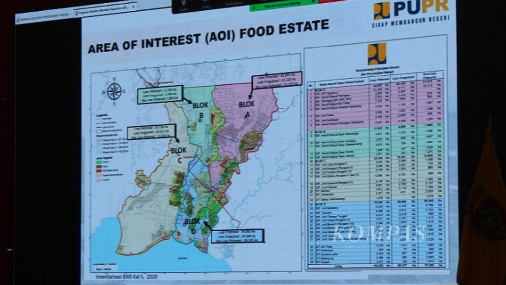 Salah satu paparan Gubernur Kalteng Sugianto Sabran soal lahan yang bakal digunakan untuk program optimasi lahan di kantornya, Palangka Raya, Kalimantan Tengah, Kamis (29/8/2024). Setidaknya 600.000 hektar lahan bakal digunakan untuk program nasional tersebut. 