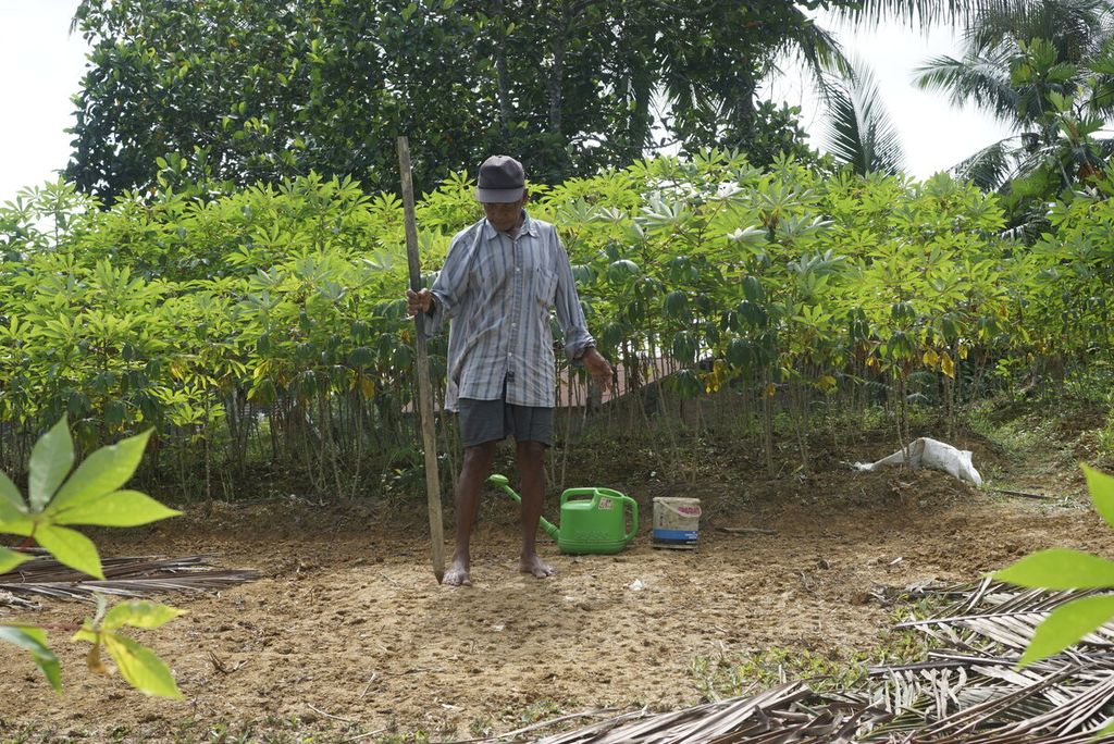 Seorang warga menugal untuk menanam bibit rumput di lahan yang berhadapan dengan tambang batubara di Desa Desa Karang Tunggal, Kecamatan Tenggarong Seberang, Kabupaten Kutai Kartanegara, Kalimantan Timur, Sabtu (7/1/2023).