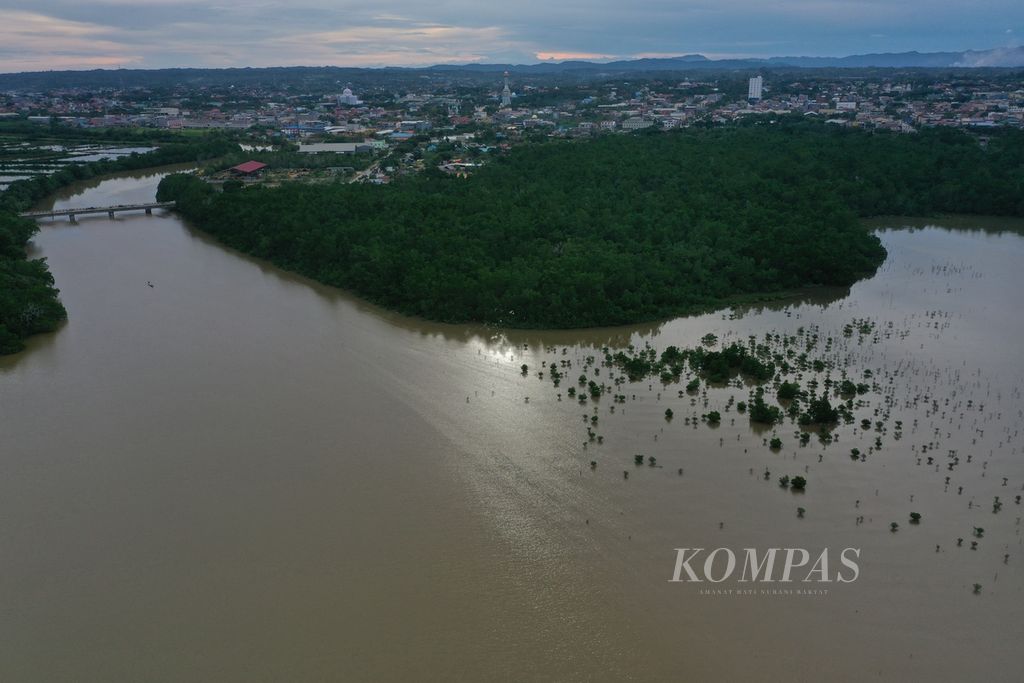 Aliran Sungai Wanggu yang bermuara di Teluk Kendari membawa sedimentasi masif seperti terlihat pada Jumat (26/3/2021), di Kendari, Sulawesi Tenggara. Sedimentasi dan reklamasi selama beberapa dekade terakhir membuat wilayah teluk seluas 900 hektar ini kritis.