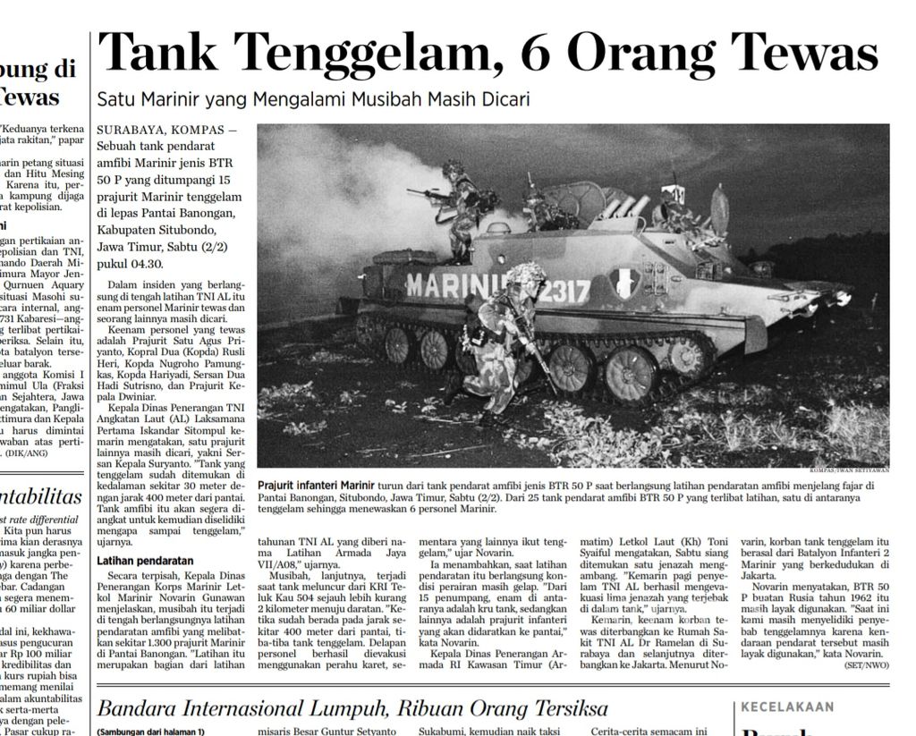 Berita tenggelamnya tank amfibi keluar di koran <i>Kompas</i> edisi Senin (4/2/2008). 