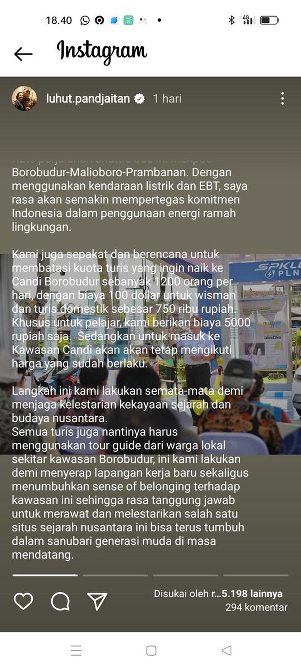 Tangkapan layar dari media sosial Instagram tentang unggahan status Menteri Koordinator Bidang Kemaritiman dan Investasi Luhut Binsar Pandjaitan, yang menerangkan tentang rencana kenaikan harga tiket Candi Borobudur.