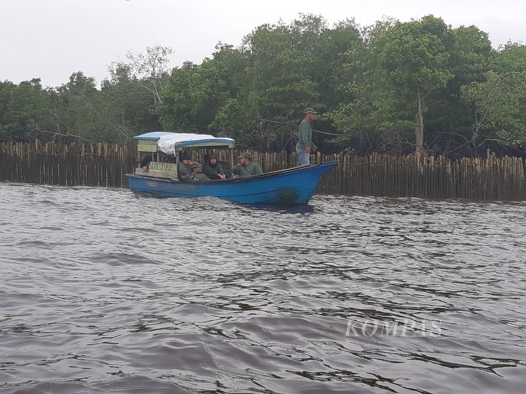 Sejumlah perahu sedang berlayar di di Desa Teluk Pambang, Kecamatan Bantan, Kabupaten Bengkalis, Provinsi Riau, Selasa (9/7/2024). Di daerah ini praktik perambahan liar masih terjadi. Situasi ini membuat keberadaan hutan mangrove terancam.