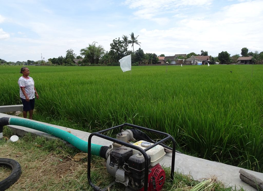 Petani menggunakan pompa air untuk mengairi sawah di Desa Trosemi, Kecamatan Gatak, Kabupaten Sukoharjo, Jawa Tengah, Jumat (1/11/2019). Pompa tersebut menyedot air dari sumur bor yang dibuat di pinggir sawah.