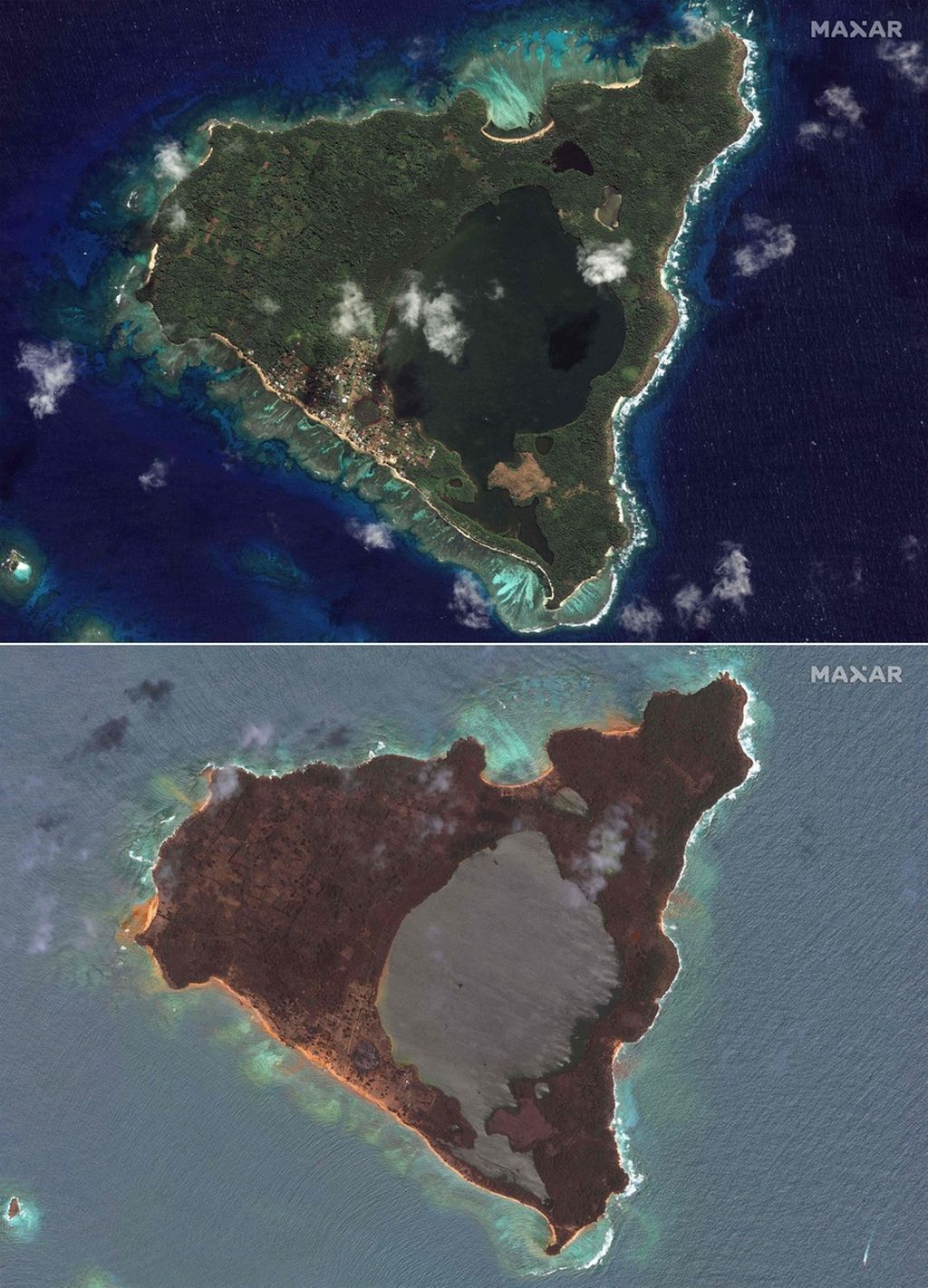 Gabungan dua foto citra satelit, yang dirilis oleh Maxar Technologies pada 22 Januari 2022 ini memperlihatkan foto Pulau Nomuka, Tonga, sebelum letusan gunung berapi bawah laut, Hunga Tonga-Hunga Haapai, seperti terpotret pada 17 Agustus 2020 (atas) dan pada 20 Januari 2022 (bawah).