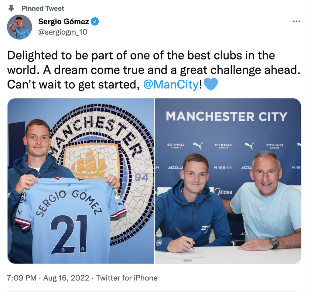Tangkapan layar akun Twitter Sergio Gomez yang baru bergabung dengan Manchester City sebagai pemain bek sayap kiri. Gomez dibeli City dari klub lamanya, Anderlecht, senilai Rp 196,5 miliar.