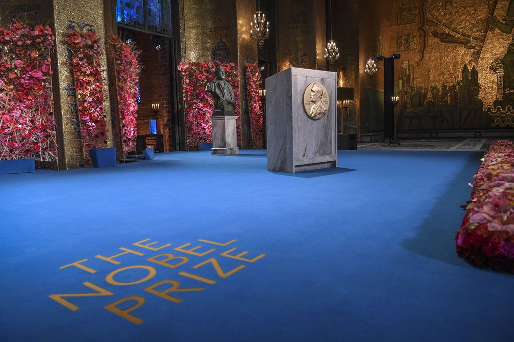 Area tempat upacara pengumuman penghargaan Nobel, yang digelar secara virtual di Golden Hall, Balai Kota Stockholm, Swedia, 10 Desember 2020.