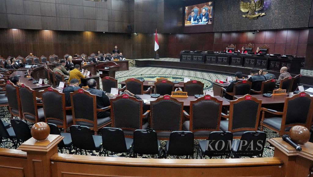 Suasana saat sidang perselisihan hasil pemilihan umum pemilihan legislatif panel 1 di Mahkamah Konstitusi, Jakarta, Senin (29/4/2024).