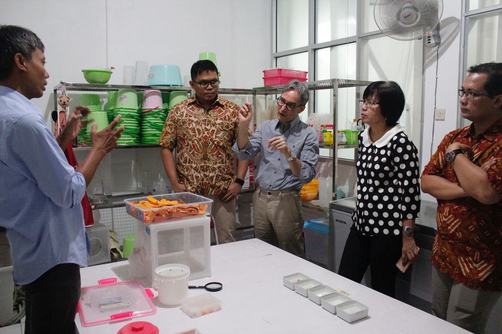 Direktur Riset Penyakit Tropis WHO John C Reeder (ketiga dari kiri) menerima penjelasan dari peneliti Eliminate Dengue Project (EDP)-Yogya tentang pengembangbiakan nyamuk di insektarium EDP-Yogya, Yogyakarta, April 2017.
