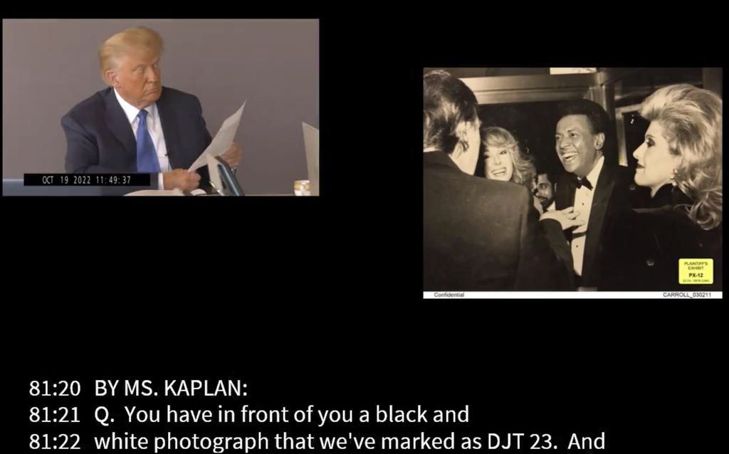 Dalam foto yang diambil dari tayangan video dan dirilis oleh Kaplan Hecker & Fink, mantan Presiden AS Donald Trump memandang sebuah foto yang disodorkan kepadanya dalam acara 19 Oktober 2022. Foto itu (kanan) memperlihatkan E Jean Carroll (kedua dari kiri) dan suaminya kala itu, John Johnson, bertemu dengan Trump dan istrinya, Ivanka, dalam sebuah acara tahun 1980-an. Saat melihat itu, Trump mengira Carroll sebagai Marla Maples, mantan istrinya. 