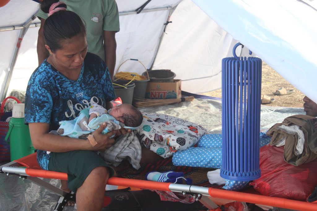 Baru 11 jam setelah dilahirkan, seorang bayi ditempatkan di tenda pengungsian erupsi Gunung Lewotobi Laki-laki di Kabupaten Flores Timur, Nusa Tenggara Timur, Rabu (13/11/2024). Kondisi tenda itu tidak layak untuk ditempati bayi.