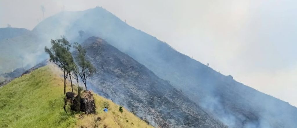 Kondisi kebakaran lahan di lereng Gunung Arjuno di Kabupaten Malang, Jawa Timur, Minggu (28/8/2023).