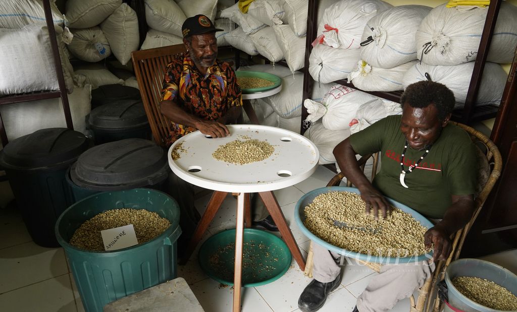 Anis Huamang (right) and Otto Sawame sort coffee beans before the roasting process at Amungme Gold Coffee House, Timika, Papua, Thursday (17/3/2022).
