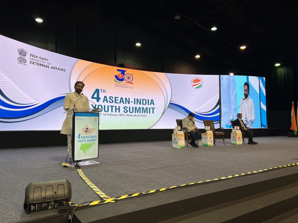 Menteri Pariwisata, Kebudayaan, dan Pembangunan Wilayah Timur Laut India G Kishan Reddy berbicara pada kegiatan ASEAN-India Youth Summit di Hyderabad, India, Senin (13/2/2023).
