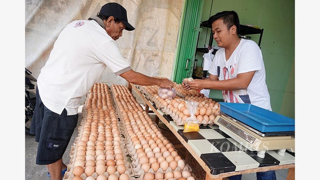 Pedagang melayani pembelian telur ayam di Bandar Lampung, Provinsi Lampung, Rabu (11/7/2018). Saat ini, harga telur di tingkat eceran berkisar Rp 27.000 hingga Rp 30.000 per kilogram. Tingginya harga dipicu banyak hal, salah satunya berkurangnya pasokan telur dari peternakan.