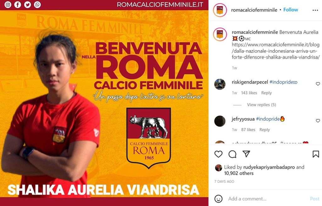 Akun Instagram klub Serie B Liga Italia Putri, Roma Calcio Femminile, mengumumkan perekrutan bek timnas Indonesia, Shalika Aurelia. Shalika akan membela Roma Calcio di paruh kedua Serie B musim 2021-2022.