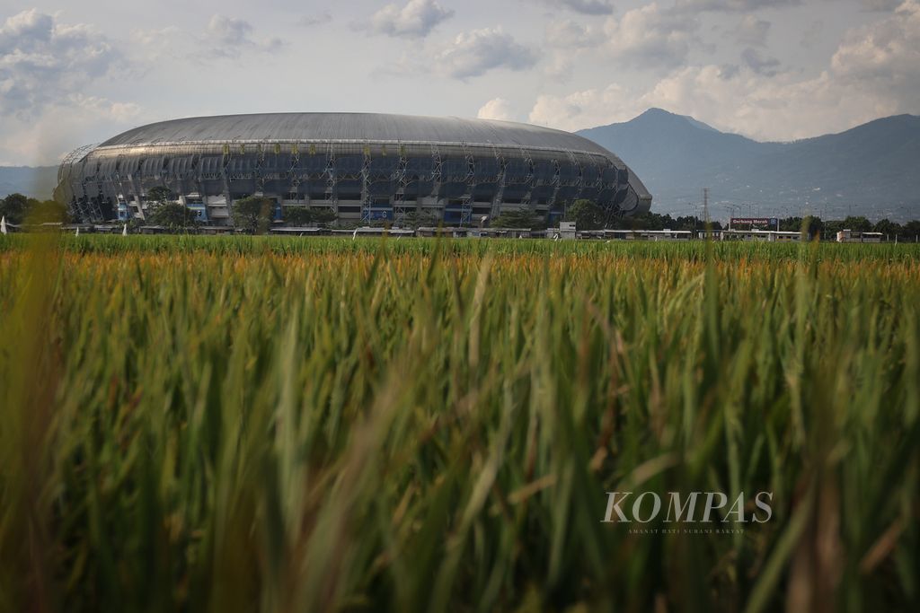 The atmosphere in the rice fields around the Gelora Bandung Lautan Api Stadium, in the city of Bandung, West Java, on Tuesday (4/4/2023).