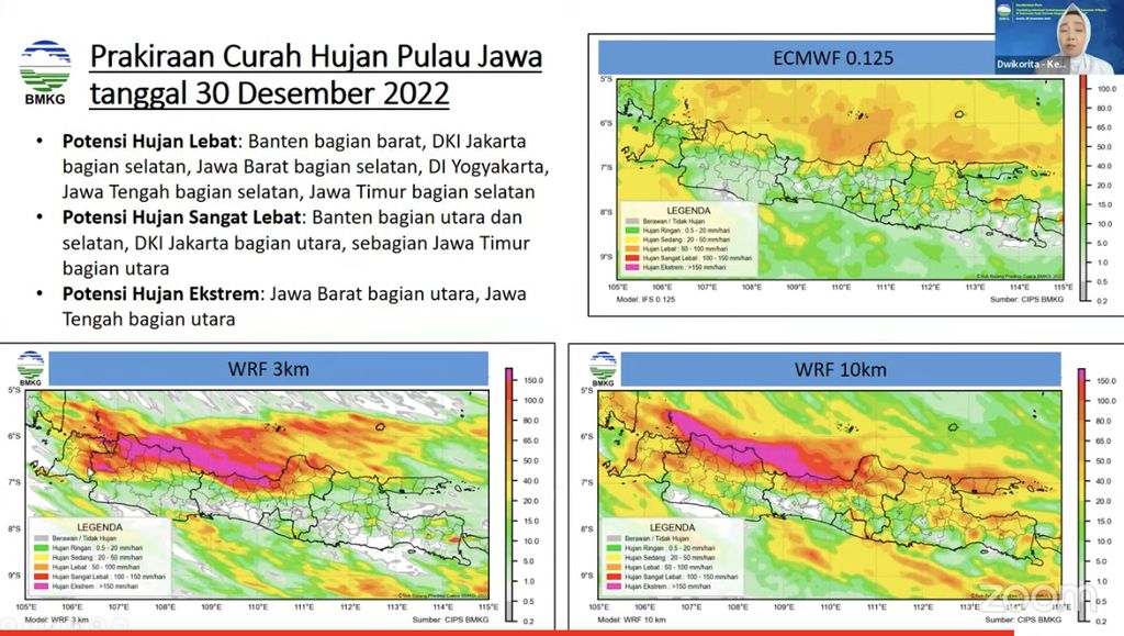 Kepala BMKG Dwikorita Karnawati menyampaikan perkiraan cuaca terbaru pada Kamis (29/12/2022). Hujan ekstrem dengan intensitas di atas 150 milimeter per hari diperkirakan bisa melanda sebagian utara Jawa Barat dan utara Jawa Tengah pada Jumat (30/12/2022).