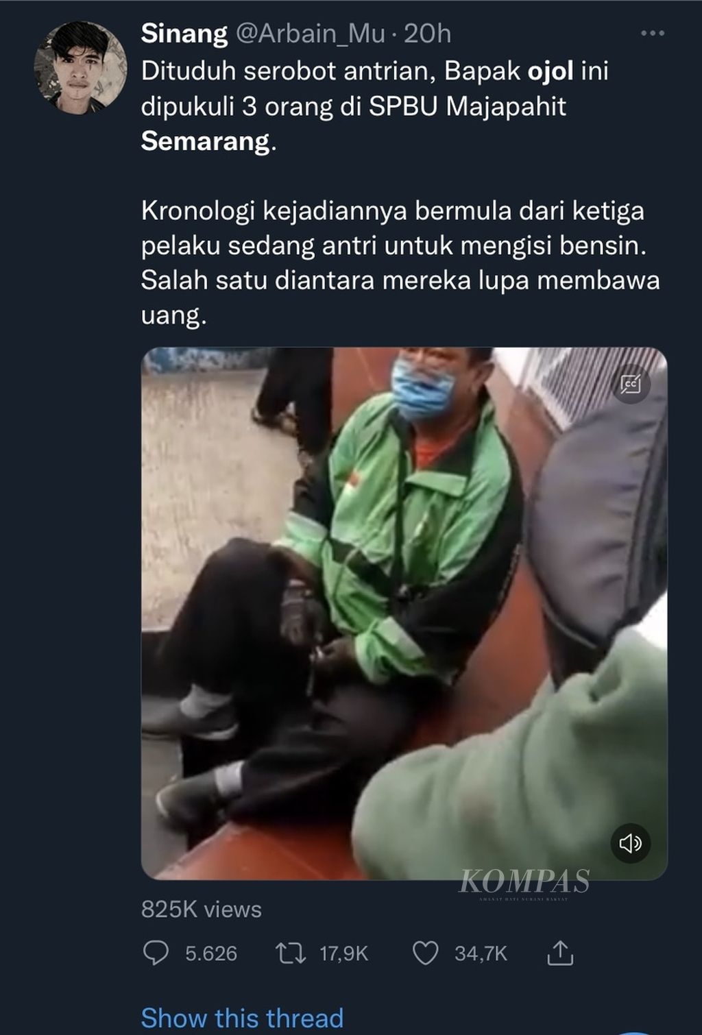 Tangkapan layar peristiwa penganiayaan terhadap seorang pengojek daring di Kota Semarang, Jawa Tengah. 
