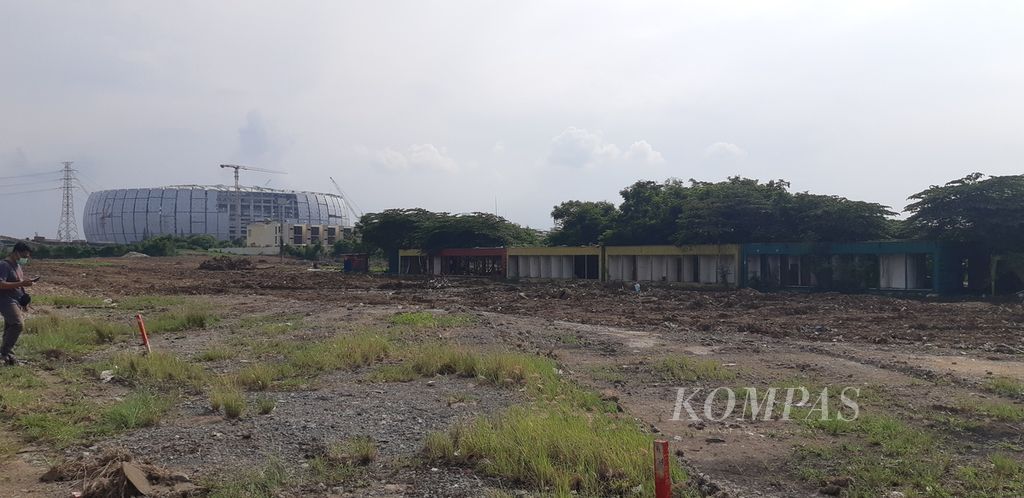 Suasana lahan proyek pembangunan sirkuit Formula E, di kawasan timur Ancol, Pademangan, Jakarta Utara, Rabu (29/12/2021).