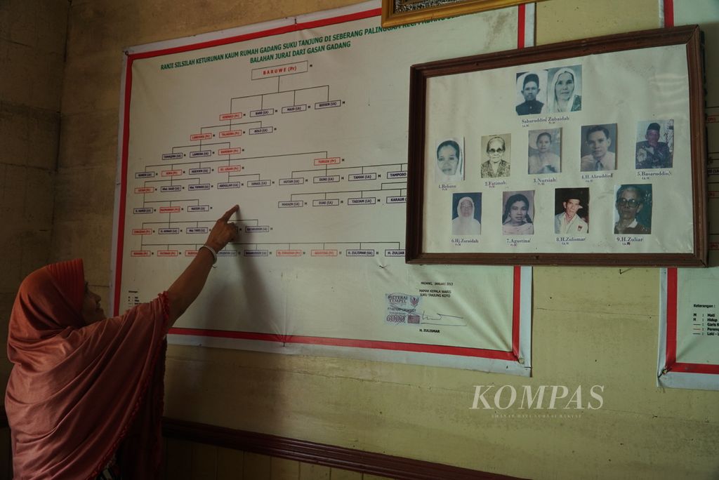 Zumratul Aini (67), salah satu pewaris Rumah Gadang Kajang Padati milik suku Tanjuang di Kelurahan Seberang Palinggam, Kecamatan Padang Selatan, Kota Padang, Sumatera Barat, menunjukkan ranji atau silsilah keluarganya, Kamis (13/10/2022). 