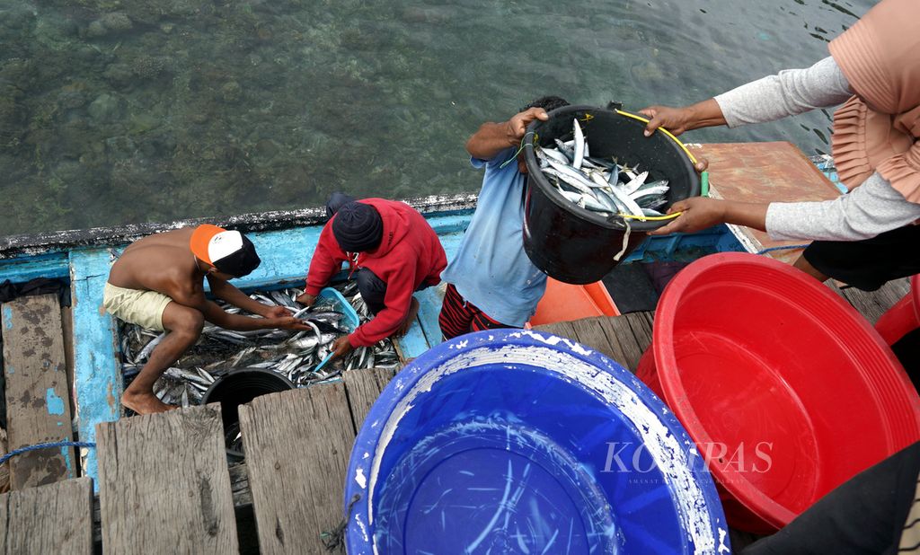 Nelayan membongkar hasil tangkapan dari perahu untuk dipindah ke ember di Pangkalan Pendaratan Ikan Dufa-dufa di Kota Ternate, Maluku Utara. 