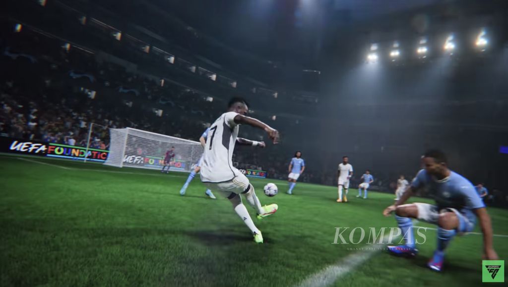 Tangkapan layar animasi winger Real Madrid, Vinicius Junior, dalam <i>trailer</i> resmi gim EA Sports FC 24 besutan pengembang Electronic Arts (EA).