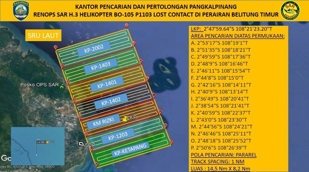 Peta rencana pencarian korban kecelakaan helikopter NBO 105 P-1103 yang hilang kontak di perairan Manggar, Kabupaten Belitung Timur, Provinsi Kepulauan Bangka Belitung, Selasa (29/11/2022).