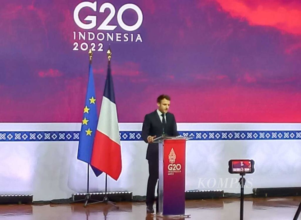 Presiden Perancis saat memberikan keterangan dalam jumpa pers di seusai penutupan KTT G20, Rabu (16/11/2022) di Nusa Dua, Bali