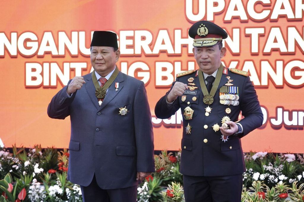 Kepala Kepolisian Negara Republik Indonesia Jenderal (Pol) Listyo Sigit Prabowo dan Menteri Pertahanan Prabowo Subianto di Mabes Polri, Kamis (20/6/2024).